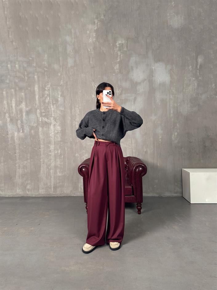 Frank Bordo Önden Düğmeli Pileli Bol Poliviskon Pantolon