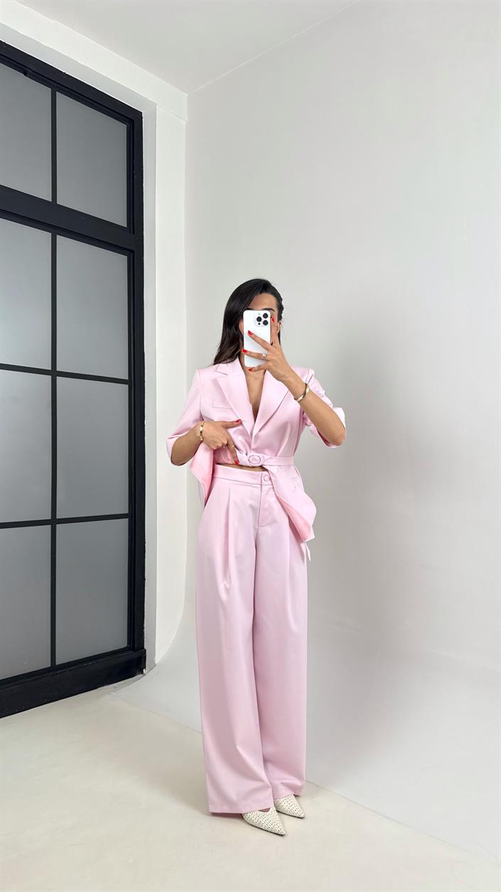 Pembe Yarım Kol Astarlı Vatkalı Kemerli Ceket Pantolon İkili Premium Takım Gaus00453