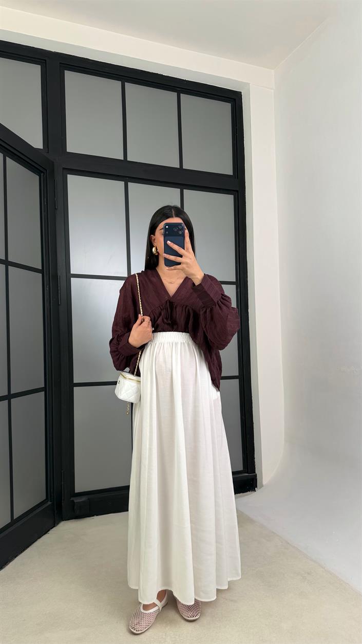 Beyaz Beli Lastikli Cepli Tencel Etek GAUS-01203