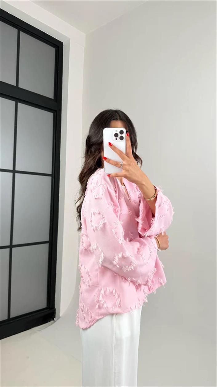 Açık Pembe Zenit Püskül Detaylı Bağlamalı Keten  Gömlek GAUS-01147