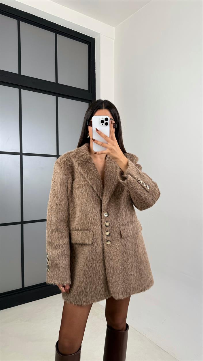 Kahve Astarlı Vatkalı Keçe Kumaş Blazer Ceket GAUS-00225