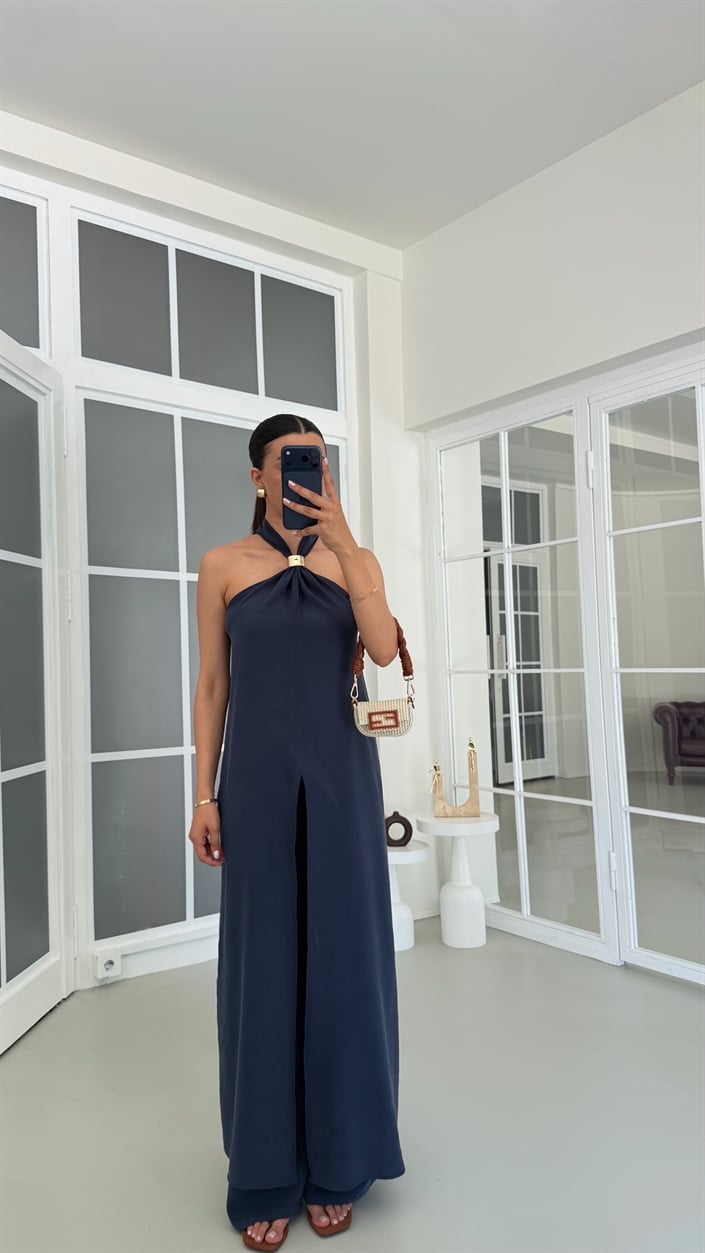 Lacivert Tulum Görünümlü Bluz Pantolon İkili Premium Takım GAUS-01738