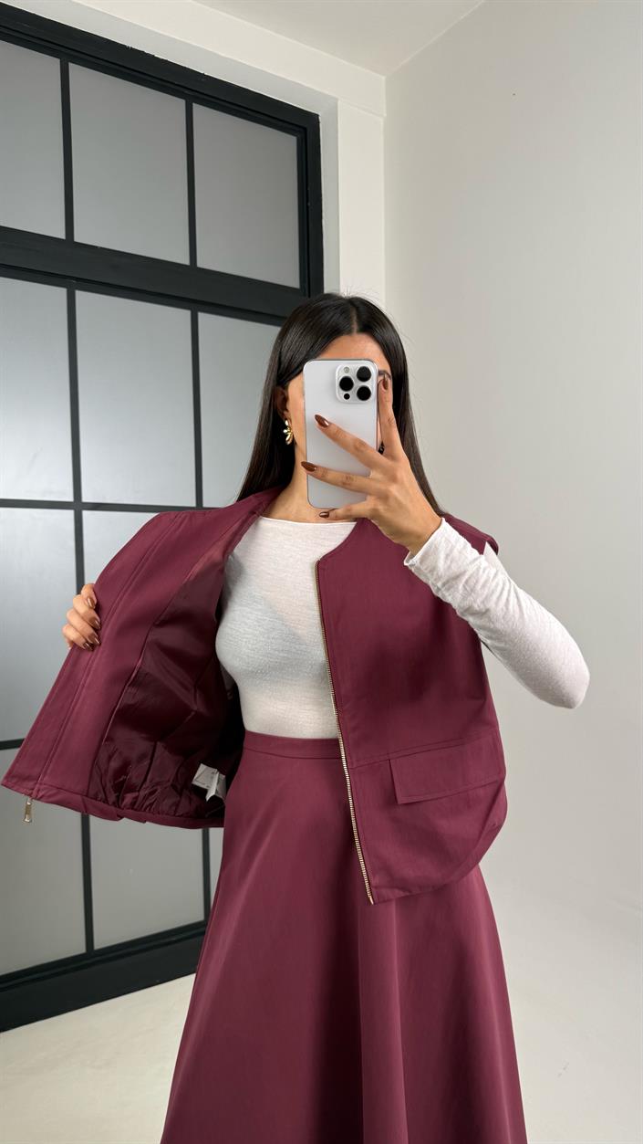 Bordo Astarlı Cep Detaylı Yelek Etek İkili Premium Takım GAUS-00181