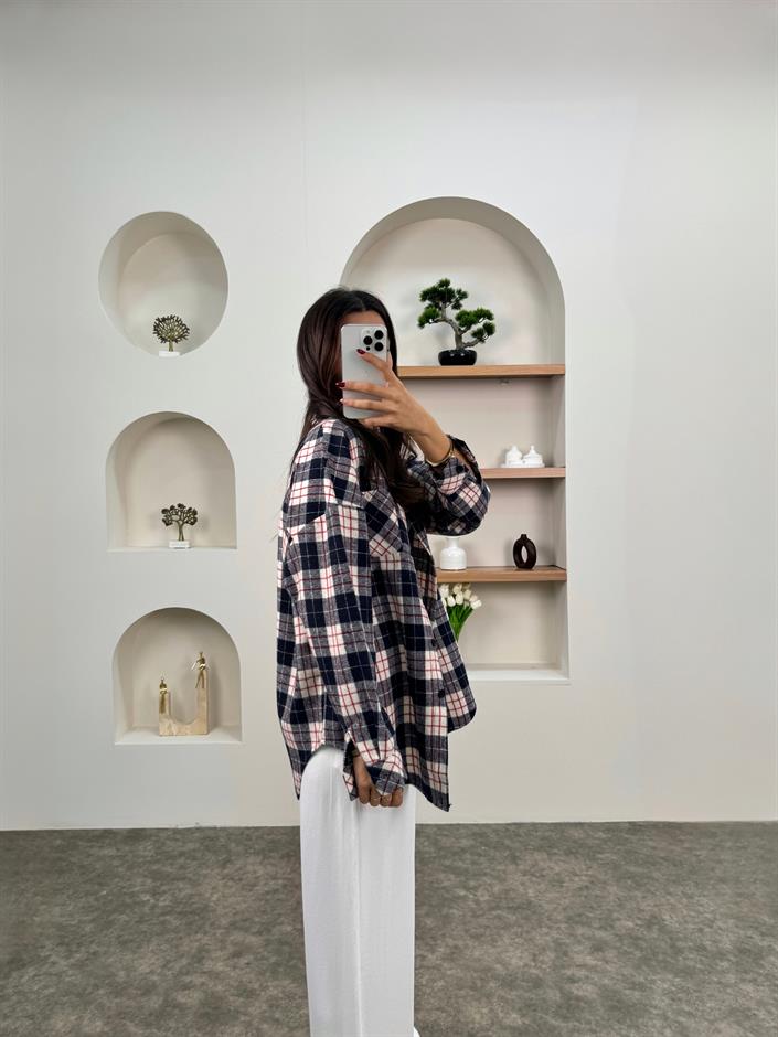 Raga Lacivert Kareli Kaşe Oduncu Oversize Gömlek