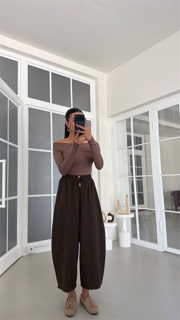 Kahve Beli Lastikli Kareli Balon Pantolon GAUS-01894