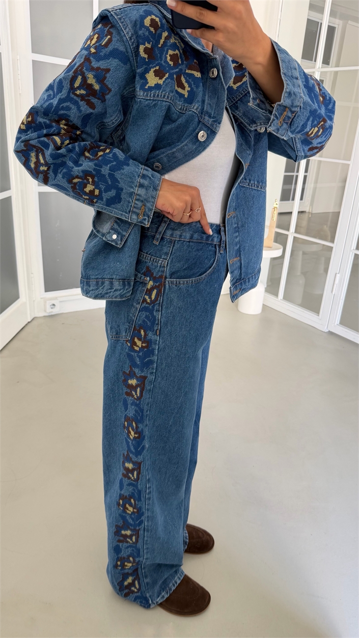 Mavi Nakışlı Cep Detaylı Tasarım Denim Takım GAUS-02117