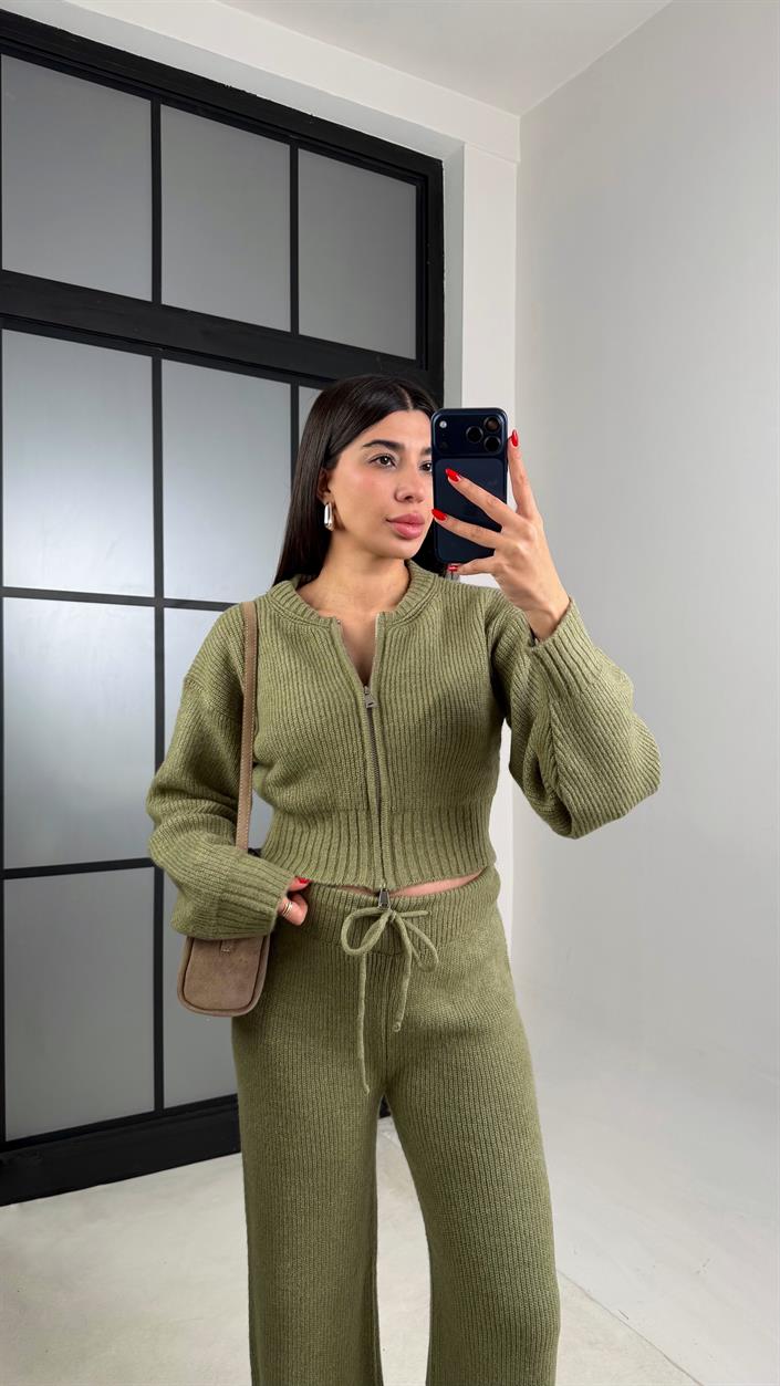 Yeşil Çift Fermuarlı Hırka Pantolon Triko Takım GAUS-00951