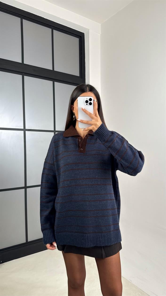 Lacivert Polo Yaka Çizgili Triko Kazak GAUS-00601