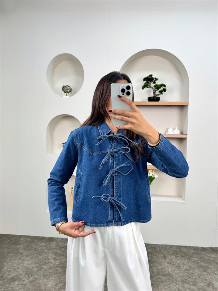 MD Mavi Bağlamalı Denim Yandan Cepli Tasarım Ceket