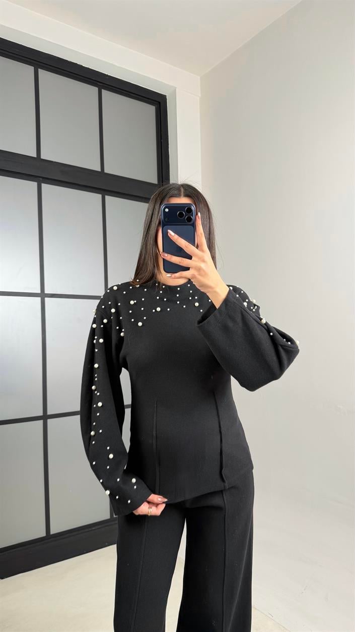 Siyah İnci İşleme Detaylı Kazak Pantolon Selanik Triko Takım GAUS-01069