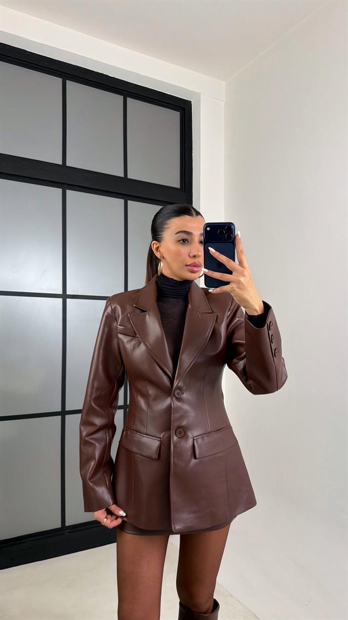 Kahve Astarlı Vatkalı Blazer Ceket Etek Premium Deri Takım GAUS-00657