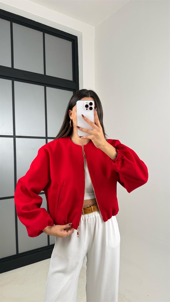 Kırmızı Astarlı Cepli Kaşe Bomber Ceket GAUS-00191