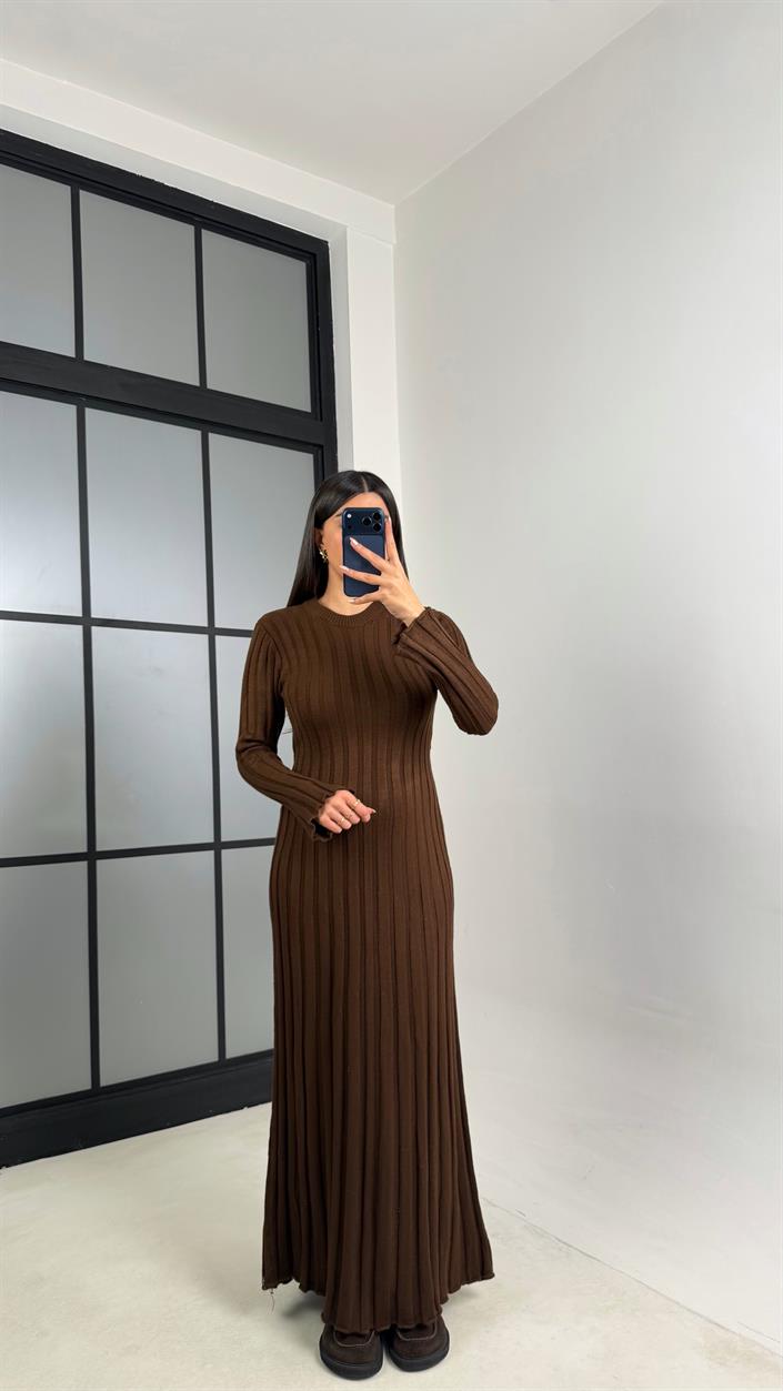 Kahve Kuşak Detaylı Triko Elbise GAUS-00812