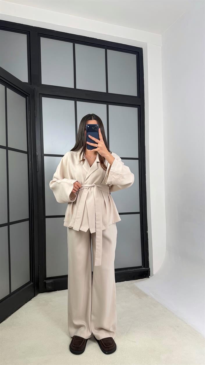 Taş Kuşaklı Ceket Beli Lastikli Pantolon Tencel Takım GAUS-01128