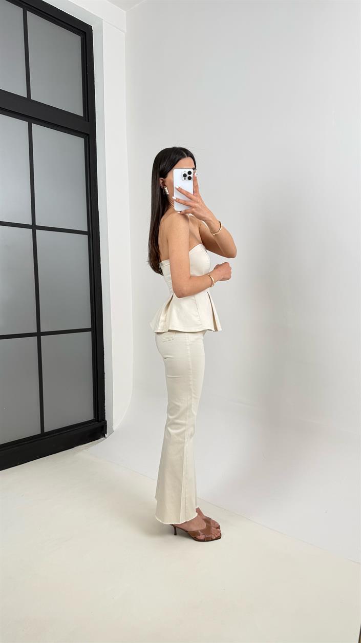 Taş Flare Jean Straplez Crop Volanlı Tasarım Takım Gaus00400