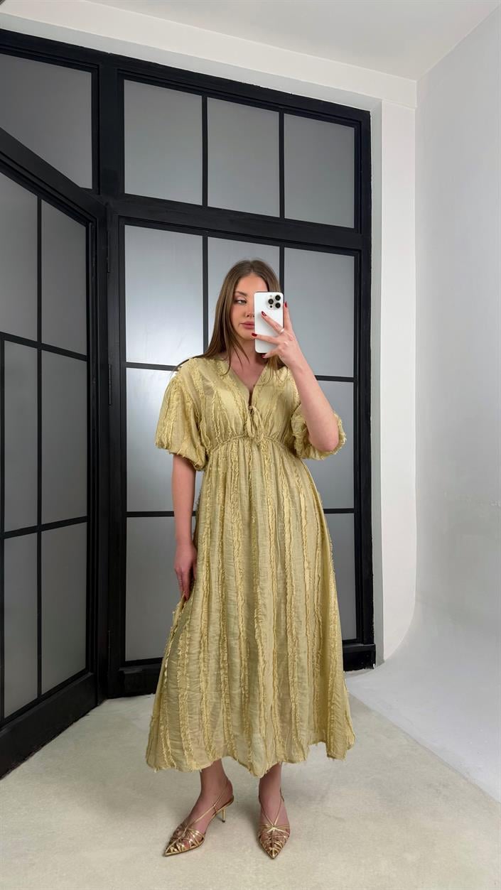 Yeşil Püsküllü V Yaka Balon Kol Elbise GAUS-01232