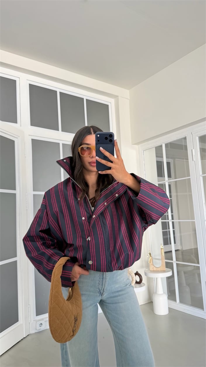 Pembe Şeritli Dik Yaka Astarlı Premium Bomber Ceket GAUS-02029 GAUS-02095