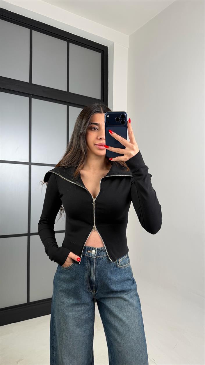 Siyah Çift Fermuarlı Bluz GAUS-00939