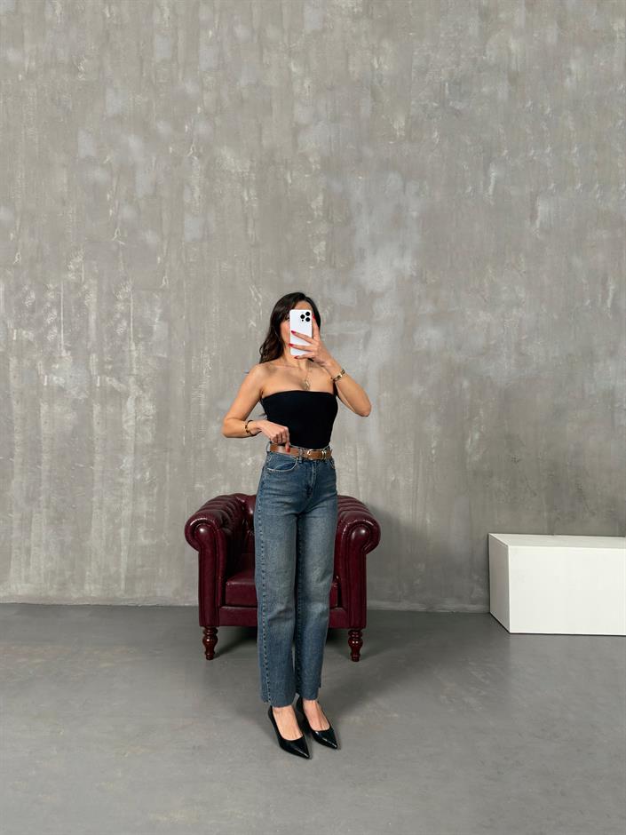 Lisa Mavi Eskitme Kesik Paça Kahve Kemerli Yüksek Bel Jean