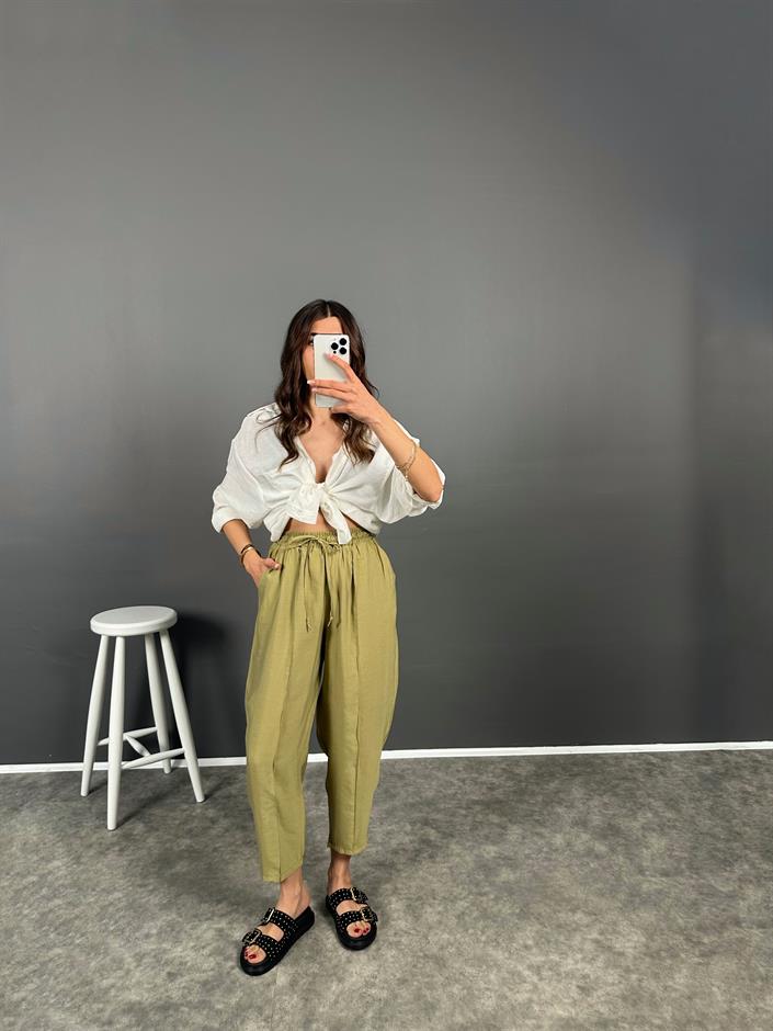 Wil Haki  İthal Kumaş Beli Lastikli Şalvar Pantolon