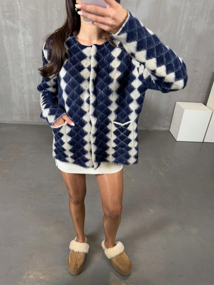 Lacivert Baklava Desenli MD Çıtçıt Düğmeli Sakallı Hırka