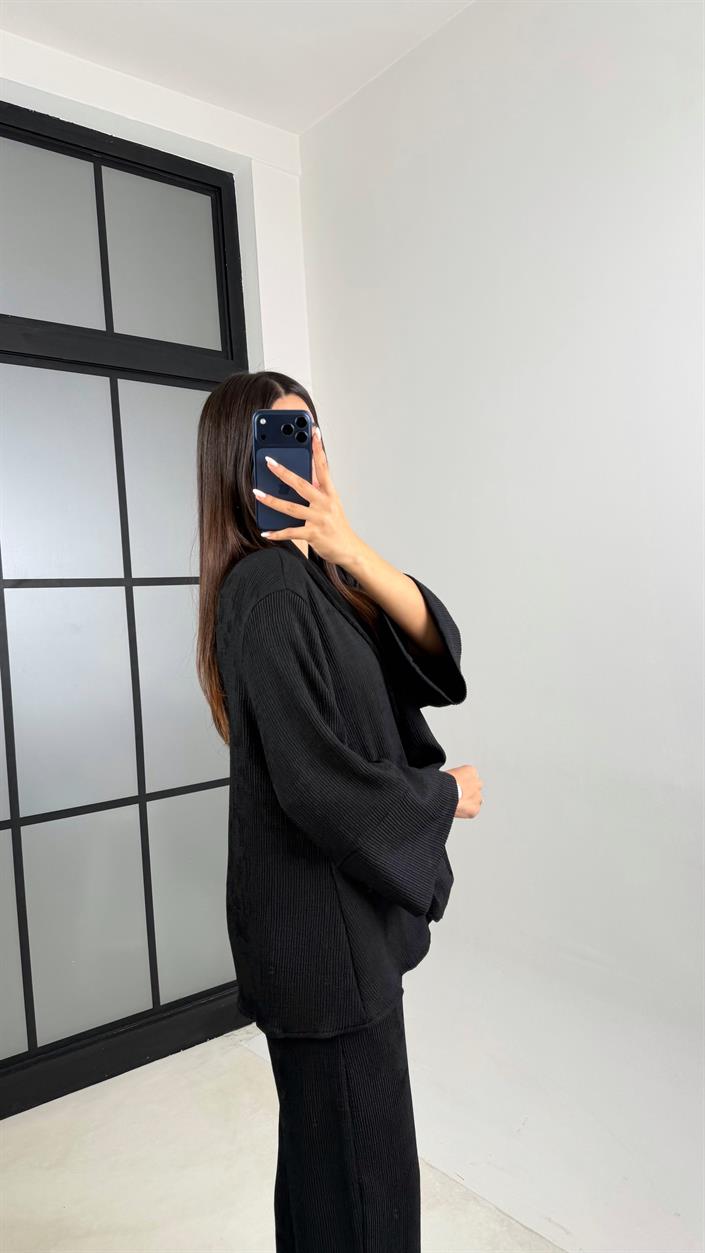 Siyah Yan Düğme Detaylı Kimono Beli Lastikli Pantolon Fitilli Kumaş Takım GAUS-00624