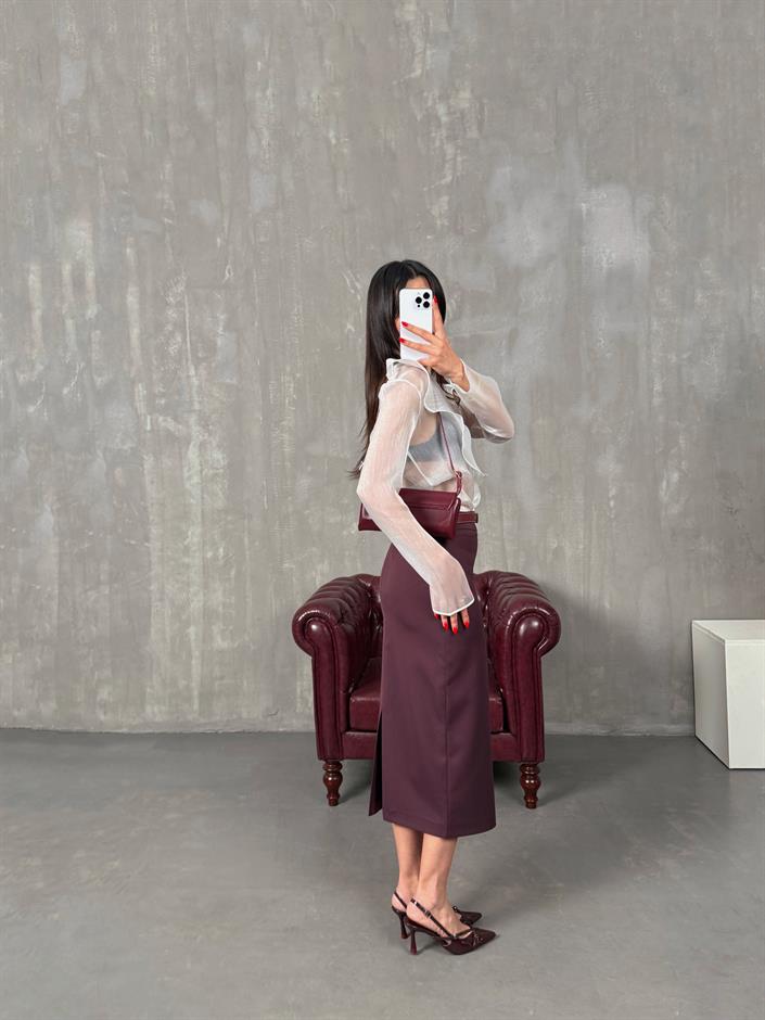 Nalya Bordo ZR Model Yırtmaçlı Kalem Etek