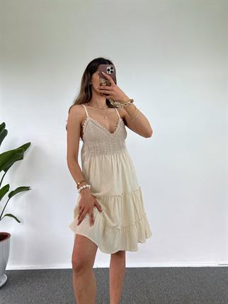 Farona Bej Keten Triko İşlemeli Astarlı Elbise 