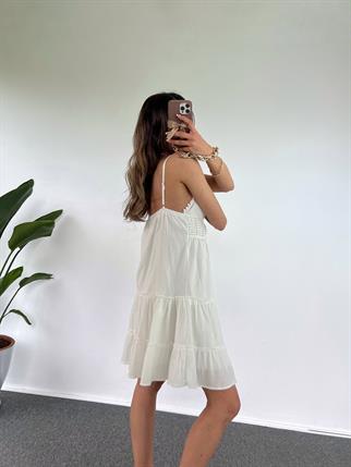Farona Beyaz Keten Triko İşlemeli Astarlı Elbise