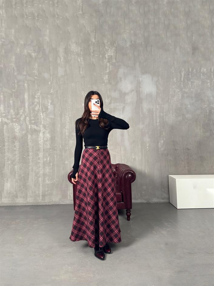 Gven Bordo Ekoseli Vintage Etek