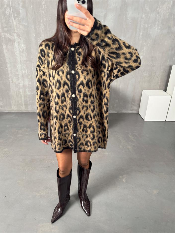 Wud Kahve Leopar Desenli Hırka