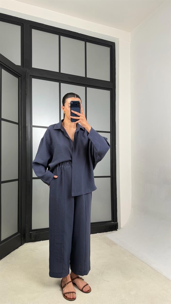 Lacivert Gömlek Beli Lastikli Pantolon Premium Tencel Kumaş Takım GAUS-01525