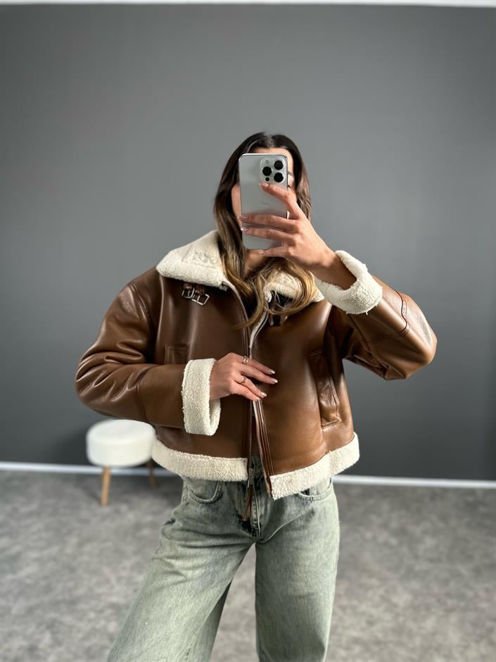 Jaden Kahve Deri Kürklü Biker Mont