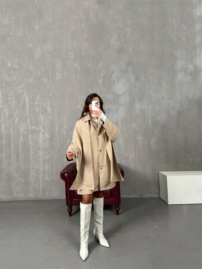 Raven Taş ORJ MD Etiketli Astarlı Atkı Detaylı Trençkot