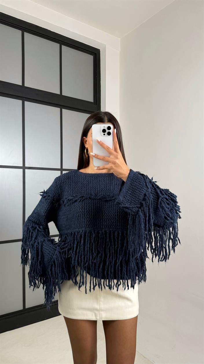 Lacivert Saçaklı Örme Triko Kazak GAUS-00134