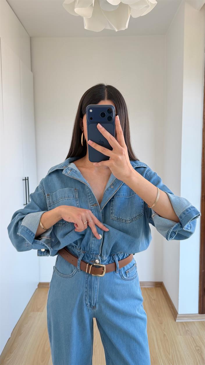 Mavi Beli Lastikli Tencel Denim Tulum GAUS-01394