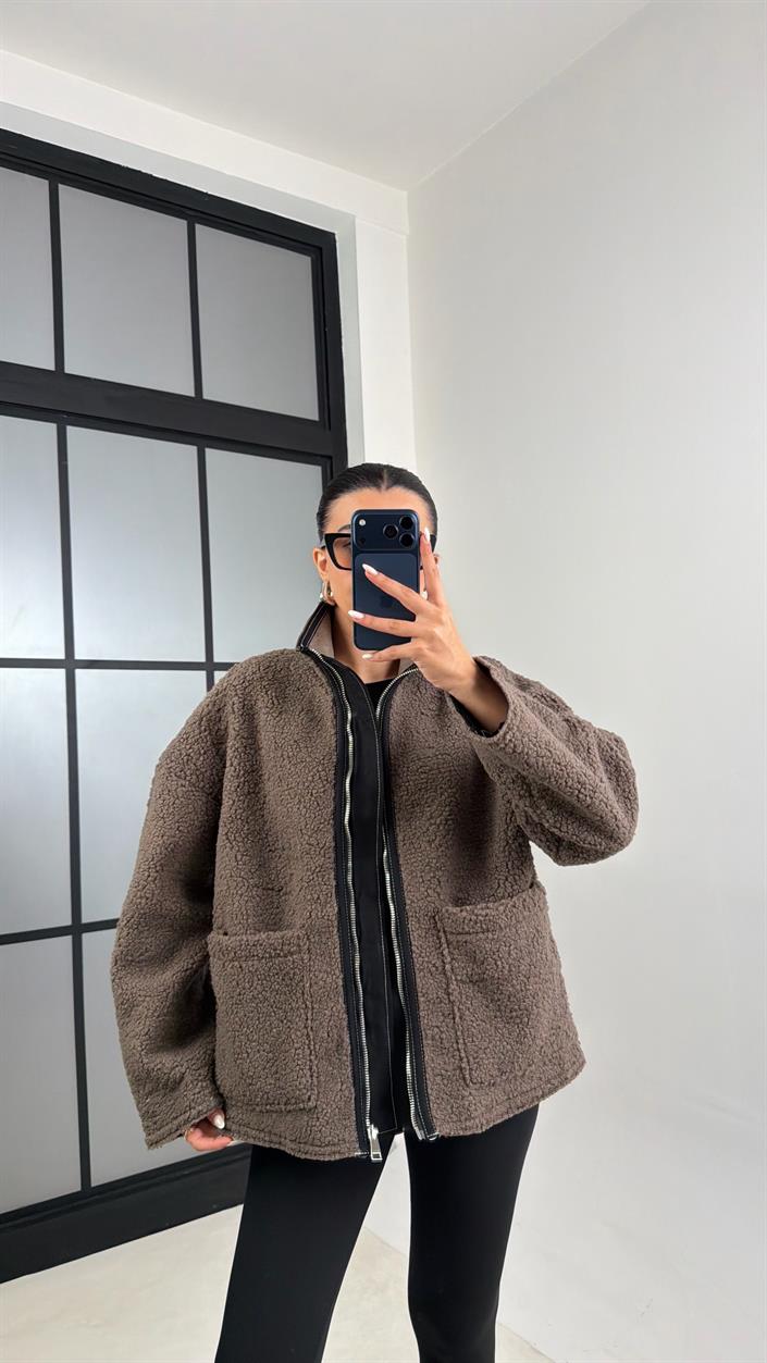 Kahve Cepli Fermuarlı Peluş Mont GAUS-00602