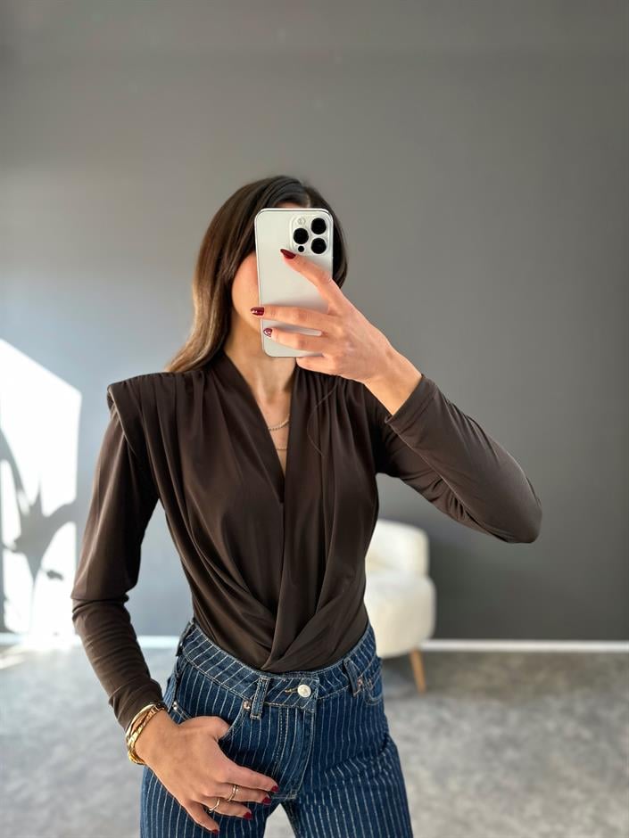 Kahverengi V yaka Vatkalı Drapeli Bodysuit