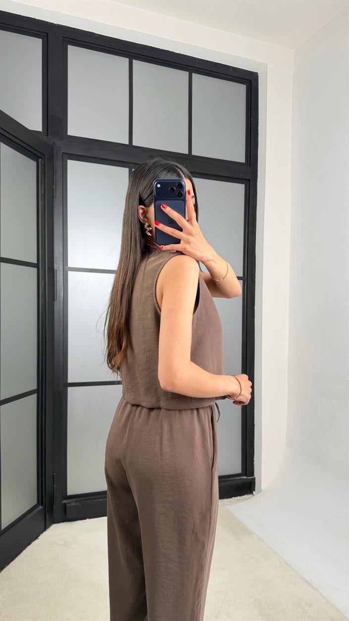 Kahve Yelek Beli Lastikli Pantolon Premium Takım GAUS-01538