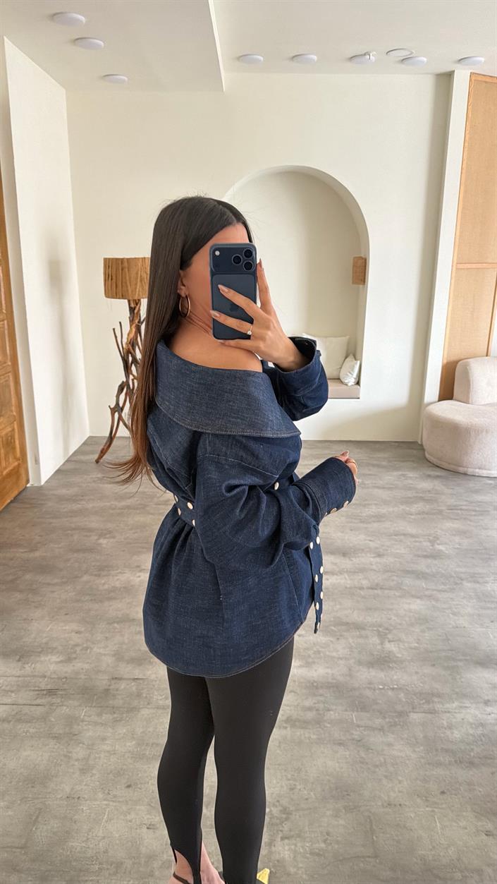 Lacivert Zımba Detaylı Kemerli Tasarım Denim Gömlek GAUS-01071 GAUS-01134