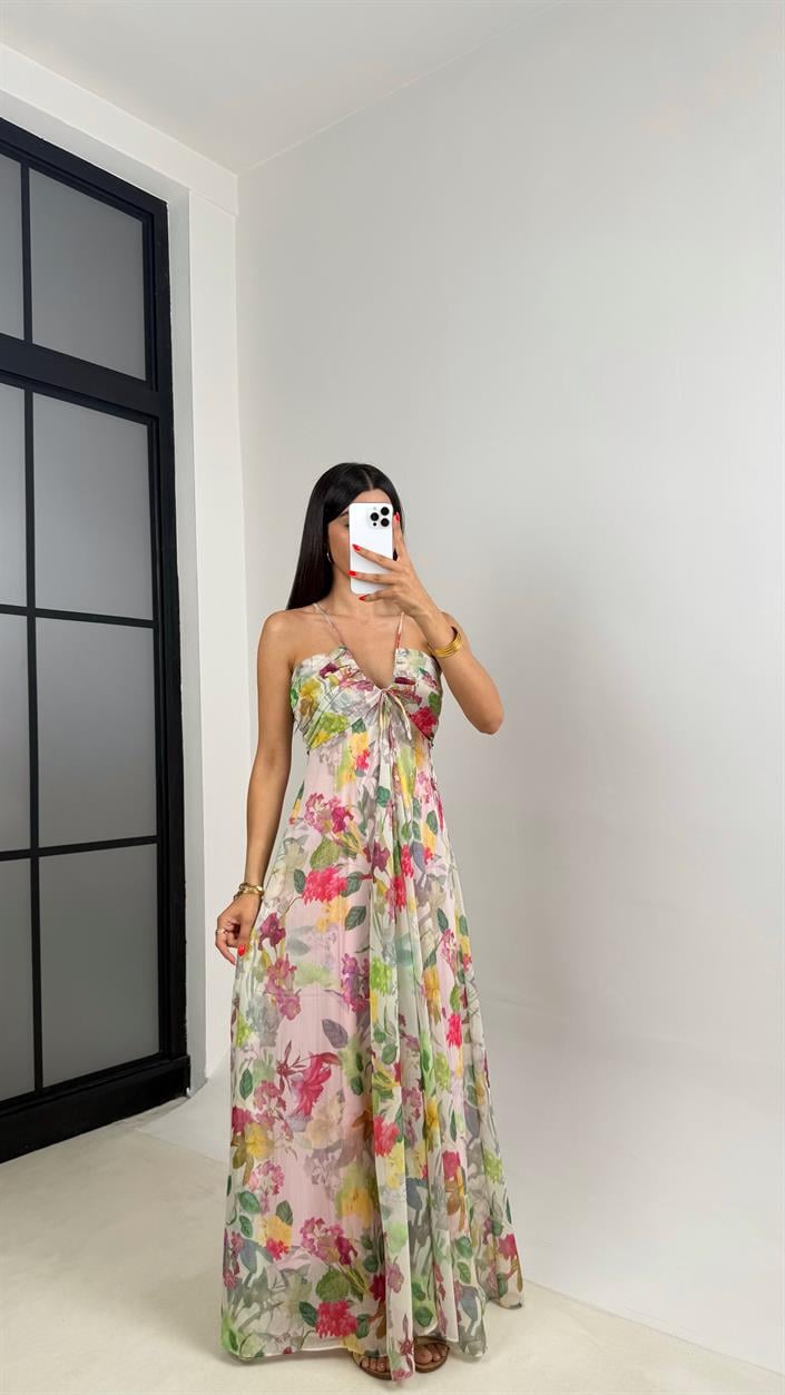 Pembe Çiçek Desenli Ayarlanabilir Askılı Astarlı Şifon Elbise GAUS-0026