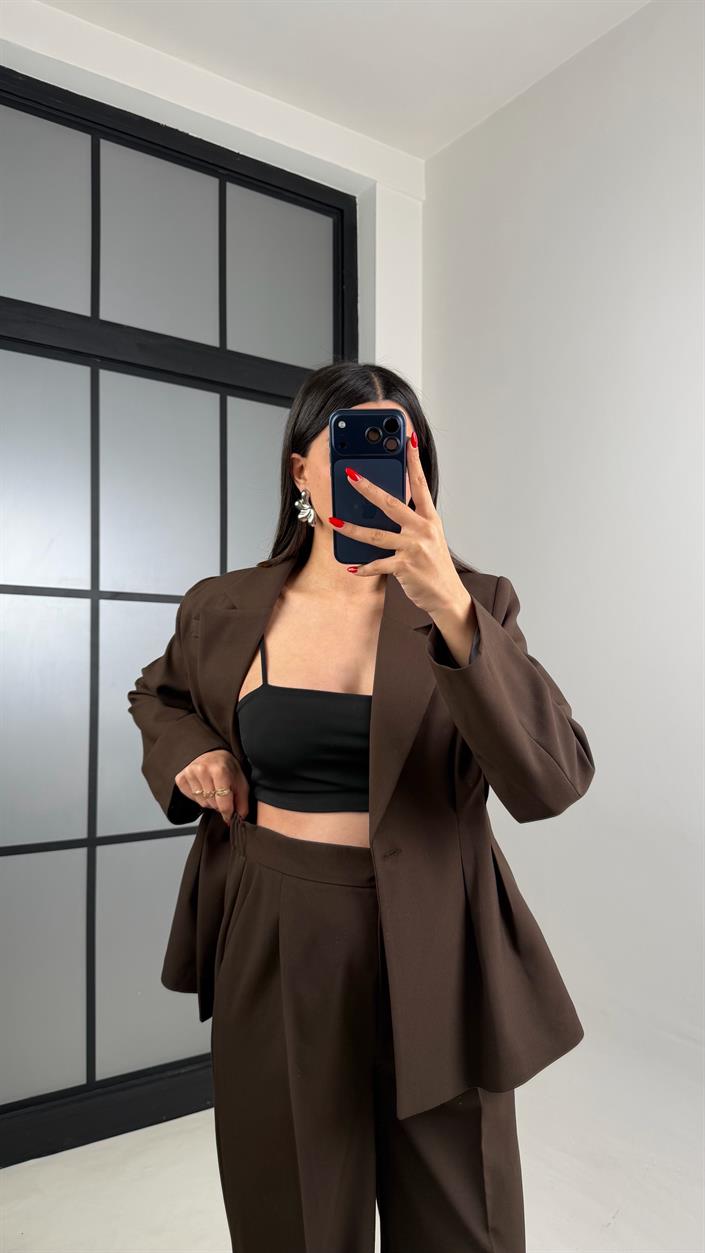 Kahve Vatkalı Astarlı Ceket Beli Lastikli Pantolon Premium Takım GAUS-00982