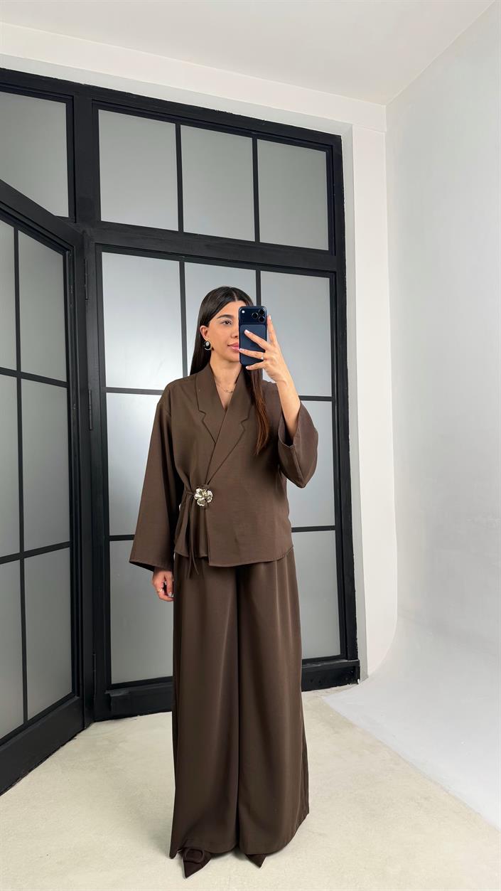 Kahve Premıum Toka Detaylı Yandan Bağlamalı Beli Lastikli Pantolon Takım GAUS-01205