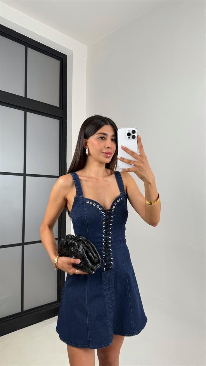 Lacivert Kuş Gözlü İp Detaylı Premium Denim Elbise Gaus00660