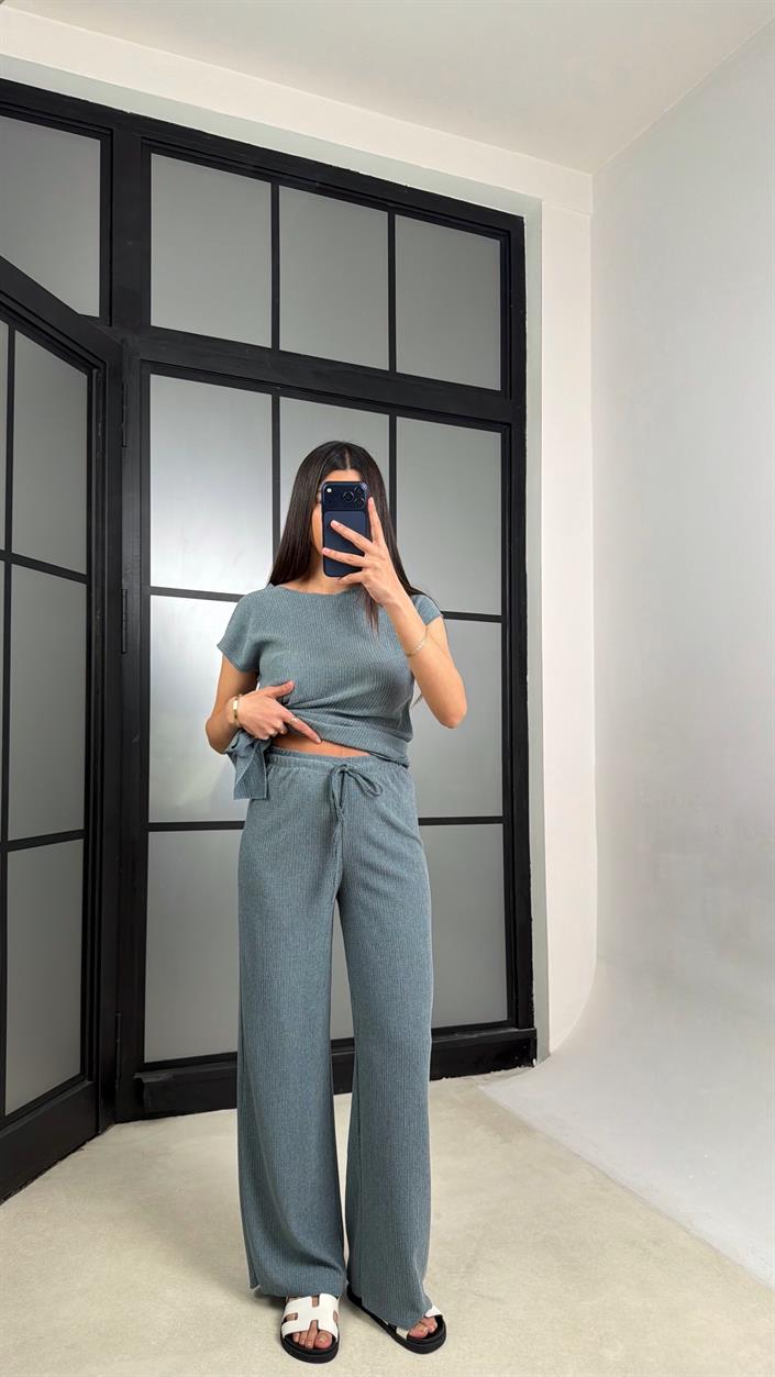 Mavi Bağlama Detaylı Bluz Beli Lastikli Pantolon Krinkıl Kumaş Takım GAUS-01308
