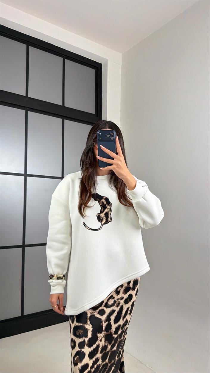 Beyaz Leopar Desenli Bluz Etek İkili Saten Takım GAUS-00903