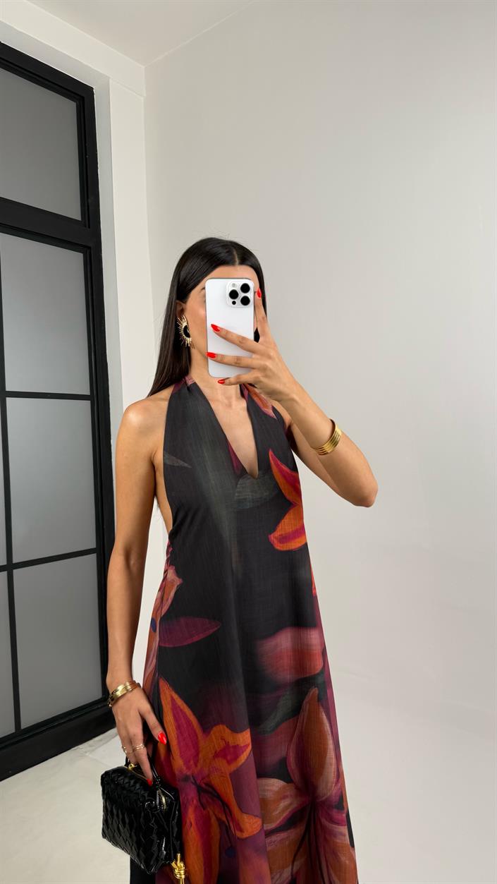 Siyah Turuncu Çiçek Desenli Boyundan Bağlamalı Astarlı Tasarım Keten Elbise GAUS-0020