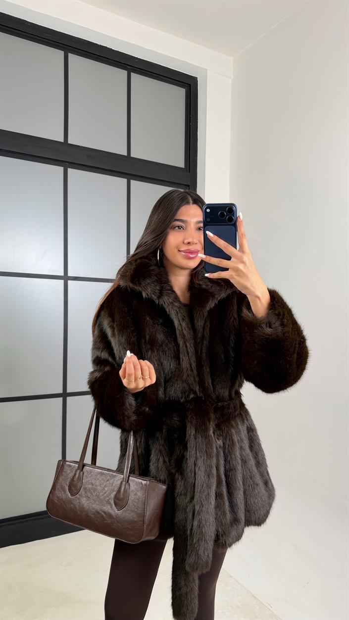 Acı Kahve Astarlı Kuşaklı Premium Kürk GAUS-00649