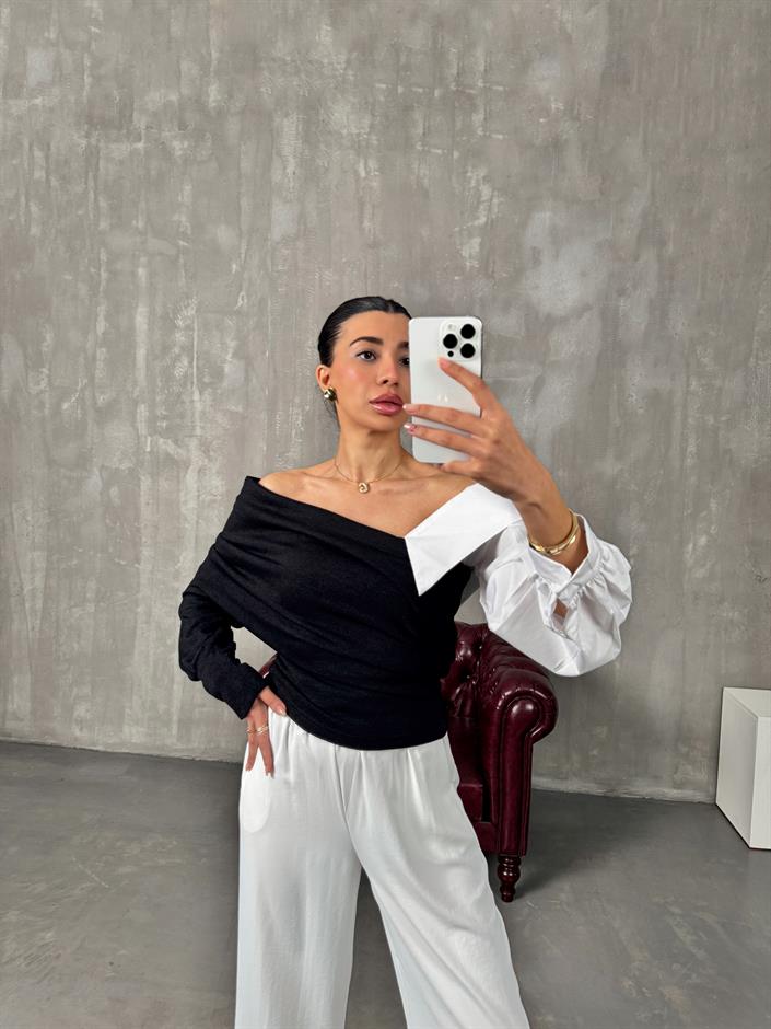 Jarse Siyah Kayık Yaka Gömlek Detaylı Triko Bluz