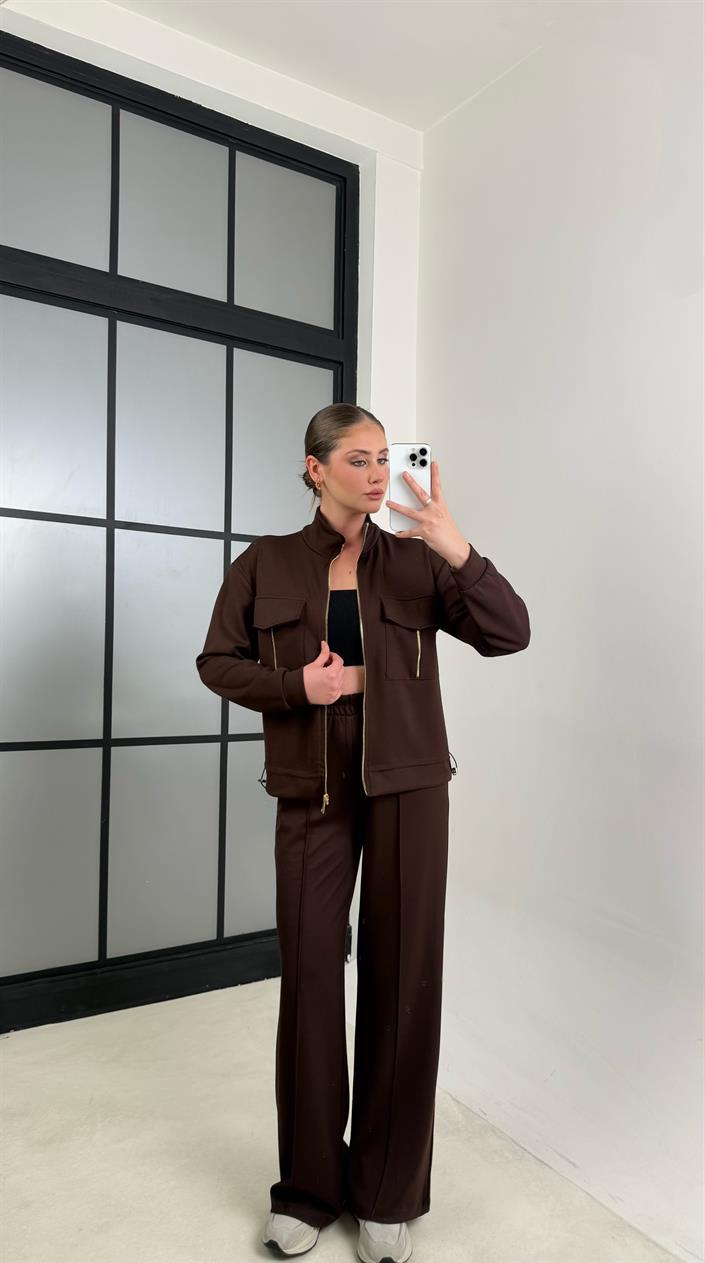 Acı Kahve Cep Detaylı Hırka Beli Lastikli Pantolon Modal Takım GAUS-00620